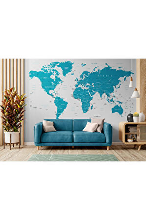 Oxyteez   Mavi İngilizce Dünya Haritası Duvar Kağıdı -1052 1052