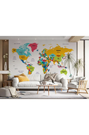 Oxyteez   Türkçe Dünya Haritası Dekoratif Duvar Kağıdı Ülke ve Başkentli Duvar Kağıdı-1542 1542