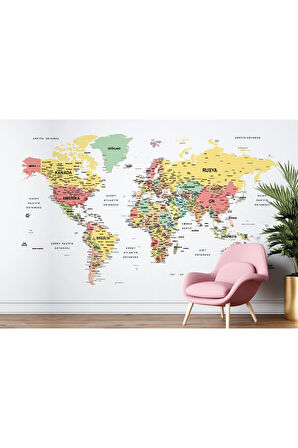 Oxyteez   Türkçe Dünya Haritası Dekoratif Duvar Kağıdı Son Derece Detaylı-1626 1626