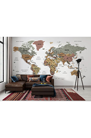Oxyteez   Türkçe Dünya Haritası Dekoratif Duvar Kağıdı Son Derece Detaylı-1634 1634