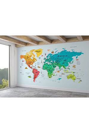 Oxyteez   Renkli Dünya Haritası Duvar Kağıdı Detaylı Ülke ve Başkentli-1782 1782