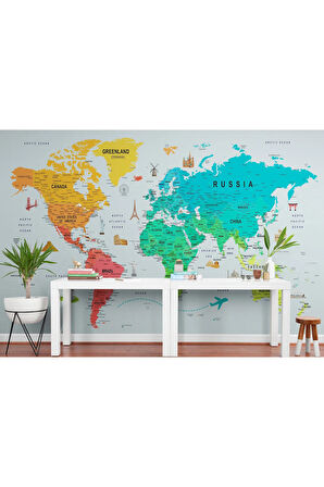 Oxyteez   Renkli Dünya Haritası Duvar Kağıdı Detaylı Ülke ve Başkentli-1782 1782