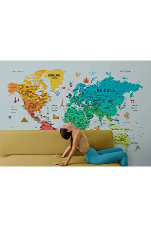 Oxyteez   Renkli Dünya Haritası Duvar Kağıdı Detaylı Ülke ve Başkentli-1782 1782