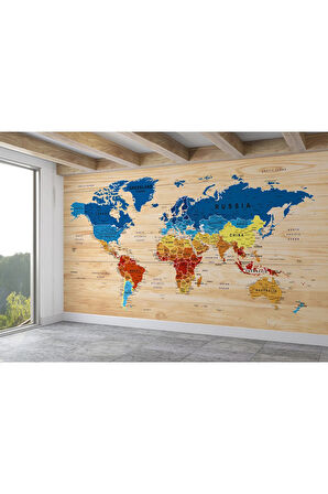 Oxyteez   Ahşap Görünümlü Detaylı İngilizce Dünya Haritası Duvar Kağıdı-1784 1784