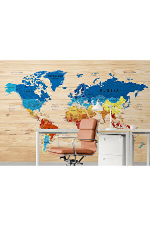 Oxyteez   Ahşap Görünümlü Detaylı İngilizce Dünya Haritası Duvar Kağıdı-1784 1784