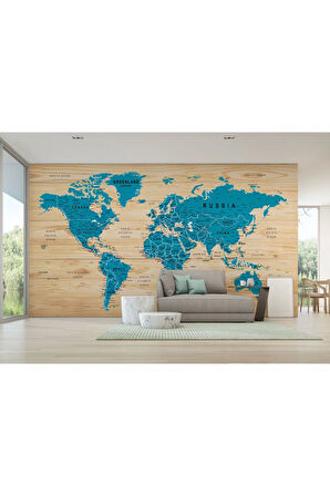 Oxyteez   İngilizce Dünya Haritası Duvar Kağıdı Ahşap Görünümlü Detaylı -1789 1789