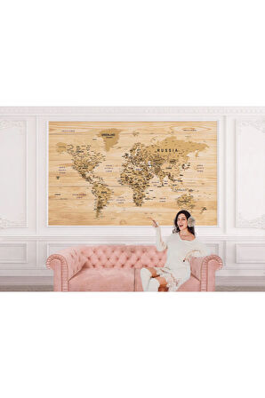 Oxyteez   İngilizce Dünya Haritası Duvar Kağıdı Ahşap Görünümlü Detaylı -1810 1810
