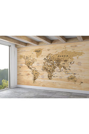 Oxyteez   İngilizce Dünya Haritası Duvar Kağıdı Ahşap Görünümlü Detaylı -1810 1810