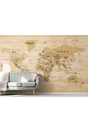 Oxyteez   İngilizce Dünya Haritası Duvar Kağıdı Ahşap Görünümlü Detaylı -1810 1810
