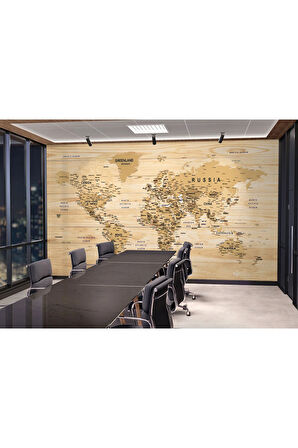 Oxyteez   İngilizce Dünya Haritası Duvar Kağıdı Ahşap Görünümlü Detaylı -1810 1810