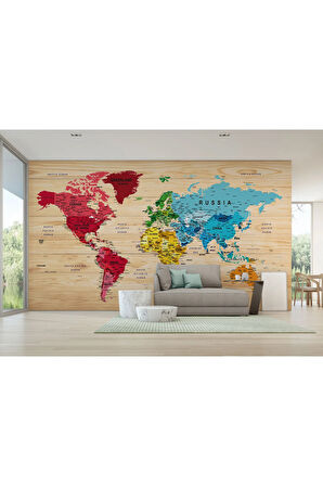 Oxyteez   İngilizce Dünya Haritası Duvar Kağıdı Ahşap Görünümlü Detaylı -1812 1812