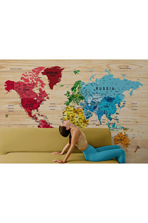 Oxyteez   İngilizce Dünya Haritası Duvar Kağıdı Ahşap Görünümlü Detaylı -1812 1812