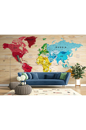 Oxyteez   İngilizce Dünya Haritası Duvar Kağıdı Ahşap Görünümlü Detaylı -1812 1812
