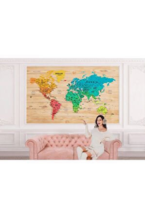 Oxyteez   İngilizce Dünya Haritası Duvar Kağıdı Ahşap Görünümlü Detaylı -1817 1817