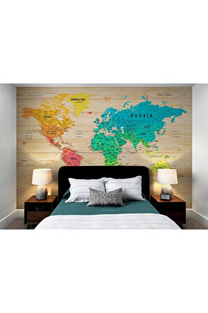 Oxyteez   İngilizce Dünya Haritası Duvar Kağıdı Ahşap Görünümlü Detaylı -1817 1817