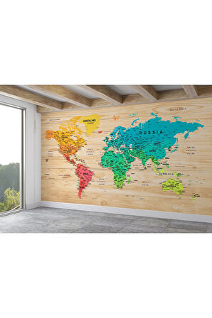 Oxyteez   İngilizce Dünya Haritası Duvar Kağıdı Ahşap Görünümlü Detaylı -1817 1817