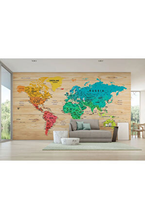 Oxyteez   İngilizce Dünya Haritası Duvar Kağıdı Ahşap Görünümlü Detaylı -1817 1817