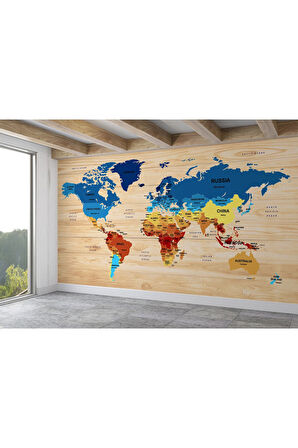 Oxyteez   İngilizce Dünya Haritası Duvar Kağıdı Ahşap Görünümlü Detaylı -1821 1821