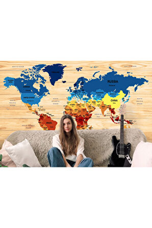 Oxyteez   İngilizce Dünya Haritası Duvar Kağıdı Ahşap Görünümlü Detaylı -1821 1821