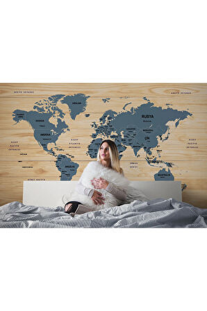 Oxyteez   Ahşap Görünümlü Türkçe Dünya Haritası Ülke Başkentli Duvar Kağıdı 1842 1842