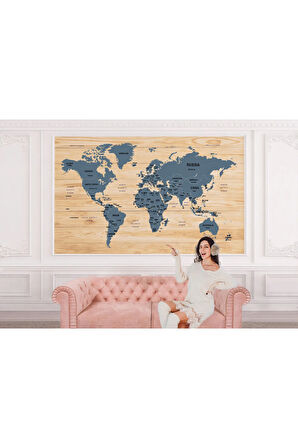 Oxyteez   İngilizce Dünya Haritası Duvar Kağıdı Ahşap Görünümlü Detaylı -1843 1843