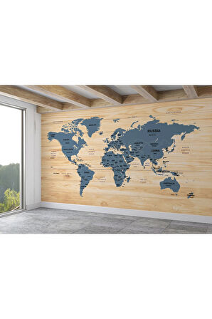 Oxyteez   İngilizce Dünya Haritası Duvar Kağıdı Ahşap Görünümlü Detaylı -1843 1843