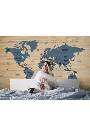 Oxyteez   İngilizce Dünya Haritası Duvar Kağıdı Ahşap Görünümlü Detaylı -1843 1843