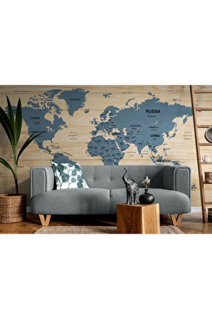 Oxyteez   İngilizce Dünya Haritası Duvar Kağıdı Ahşap Görünümlü Detaylı -1843 1843