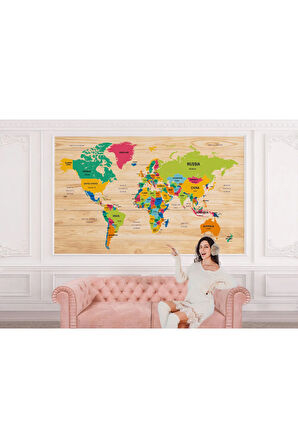 Oxyteez   İngilizce Dünya Haritası Duvar Kağıdı Ahşap Görünümlü Detaylı -1873 1873