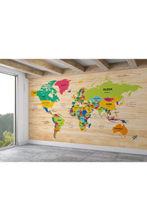 Oxyteez   İngilizce Dünya Haritası Duvar Kağıdı Ahşap Görünümlü Detaylı -1873 1873