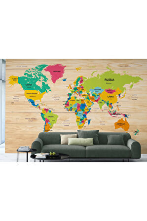 Oxyteez   İngilizce Dünya Haritası Duvar Kağıdı Ahşap Görünümlü Detaylı -1873 1873