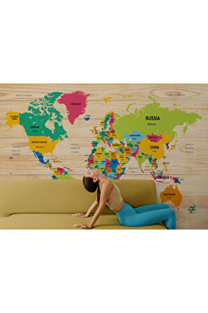 Oxyteez   İngilizce Dünya Haritası Duvar Kağıdı Ahşap Görünümlü Detaylı -1873 1873