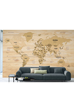 Oxyteez   İngilizce Dünya Haritası Duvar Kağıdı Ahşap Görünümlü Detaylı -1877 1877