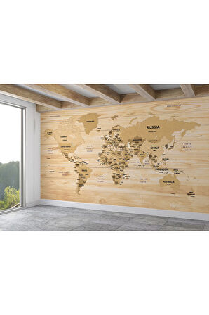 Oxyteez   İngilizce Dünya Haritası Duvar Kağıdı Ahşap Görünümlü Detaylı -1877 1877