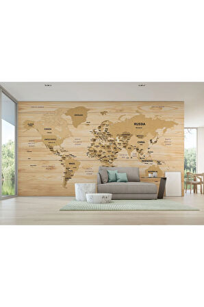 Oxyteez   İngilizce Dünya Haritası Duvar Kağıdı Ahşap Görünümlü Detaylı -1877 1877