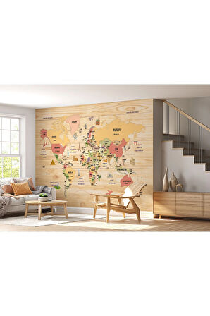 Oxyteez   Ahşap Görünümlü Türkçe Dünya Haritası Dekoratif Duvar Kağıdı-2088 2088