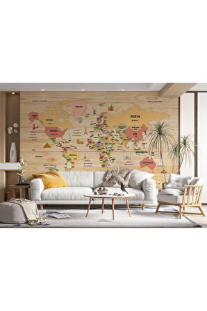 Oxyteez   Ahşap Görünümlü Türkçe Dünya Haritası Dekoratif Duvar Kağıdı-2088 2088
