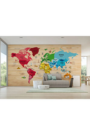 Oxyteez   İngilizce Dünya Haritası Duvar Kağıdı Ahşap Görünümlü Detaylı -2107 2107