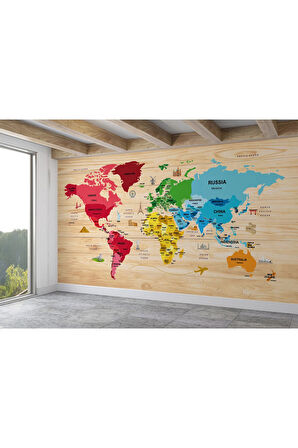 Oxyteez   İngilizce Dünya Haritası Duvar Kağıdı Ahşap Görünümlü Detaylı -2107 2107