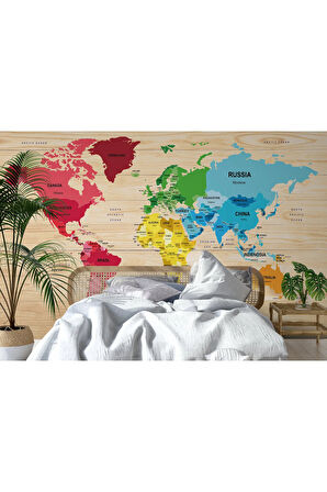 Oxyteez   İngilizce Dünya Haritası Duvar Kağıdı Ahşap Görünümlü Detaylı -2107 2107