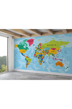 Oxyteez   Renkli Dünya Haritası Duvar Kağıdı Detaylı Ülke ve Başkentli İngilizce-2173 2173