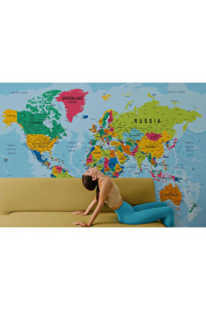 Oxyteez   Renkli Dünya Haritası Duvar Kağıdı Detaylı Ülke ve Başkentli İngilizce-2173 2173