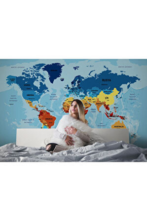 Oxyteez   Türkçe Dünya Haritası Ülke Başkentli Ve Okyanuslu Dekoratif Duvar Kağıdı-2194 2194