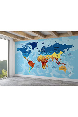 Oxyteez   Türkçe Dünya Haritası Ülke Başkentli Ve Okyanuslu Dekoratif Duvar Kağıdı-2194 2194