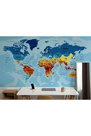 Oxyteez   Türkçe Dünya Haritası Ülke Başkentli Ve Okyanuslu Dekoratif Duvar Kağıdı-2194 2194