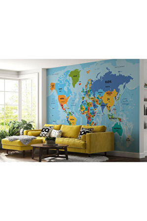 Oxyteez   Türkçe Dünya Haritası Ülke Başkentli Ve Okyanuslu Dekoratif Duvar Kağıdı-2260 2260