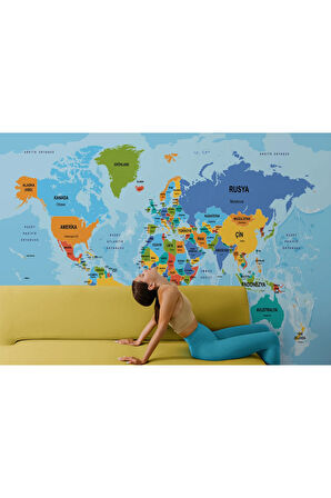 Oxyteez   Türkçe Dünya Haritası Ülke Başkentli Ve Okyanuslu Dekoratif Duvar Kağıdı-2260 2260