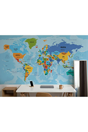 Oxyteez   Türkçe Dünya Haritası Ülke Başkentli Ve Okyanuslu Dekoratif Duvar Kağıdı-2260 2260
