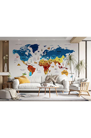 Oxyteez   Türkçe Dünya Haritası Duvar Kağıdı Ülke-Başkentli Öğretici ve Sembollü-2266 2266