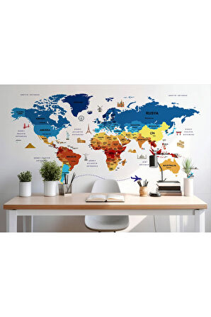 Oxyteez   Türkçe Dünya Haritası Duvar Kağıdı Ülke-Başkentli Öğretici ve Sembollü-2266 2266